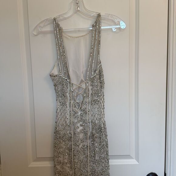 Sherri Hill Elegant Beaded Silver Dress - Picture 5 of 10